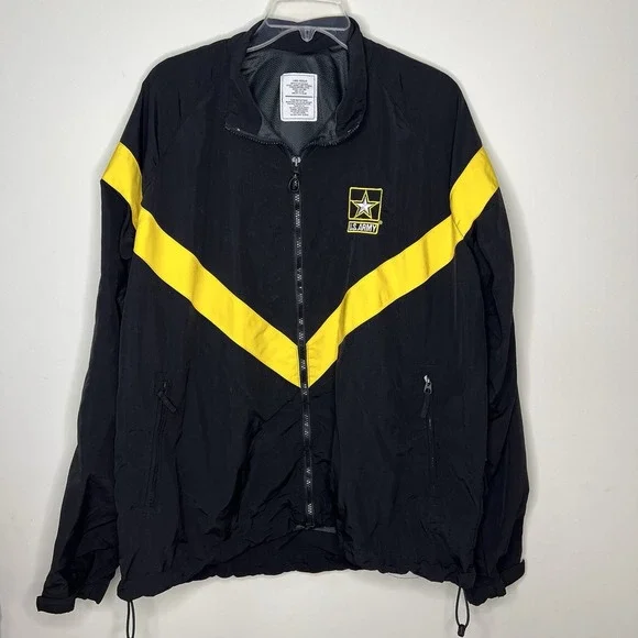 Army Physical Fitness Uniform Jacket Mens Large Black Yellow Nylon Full Zip - Picture 1 of 6
